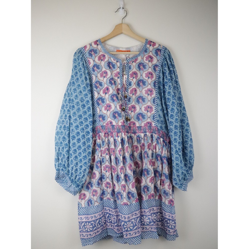 NWT Oliphant Tuckernuck Tie Front Balloon Mini Dress Iris Blue Block Print Large - Picture 2 of 10